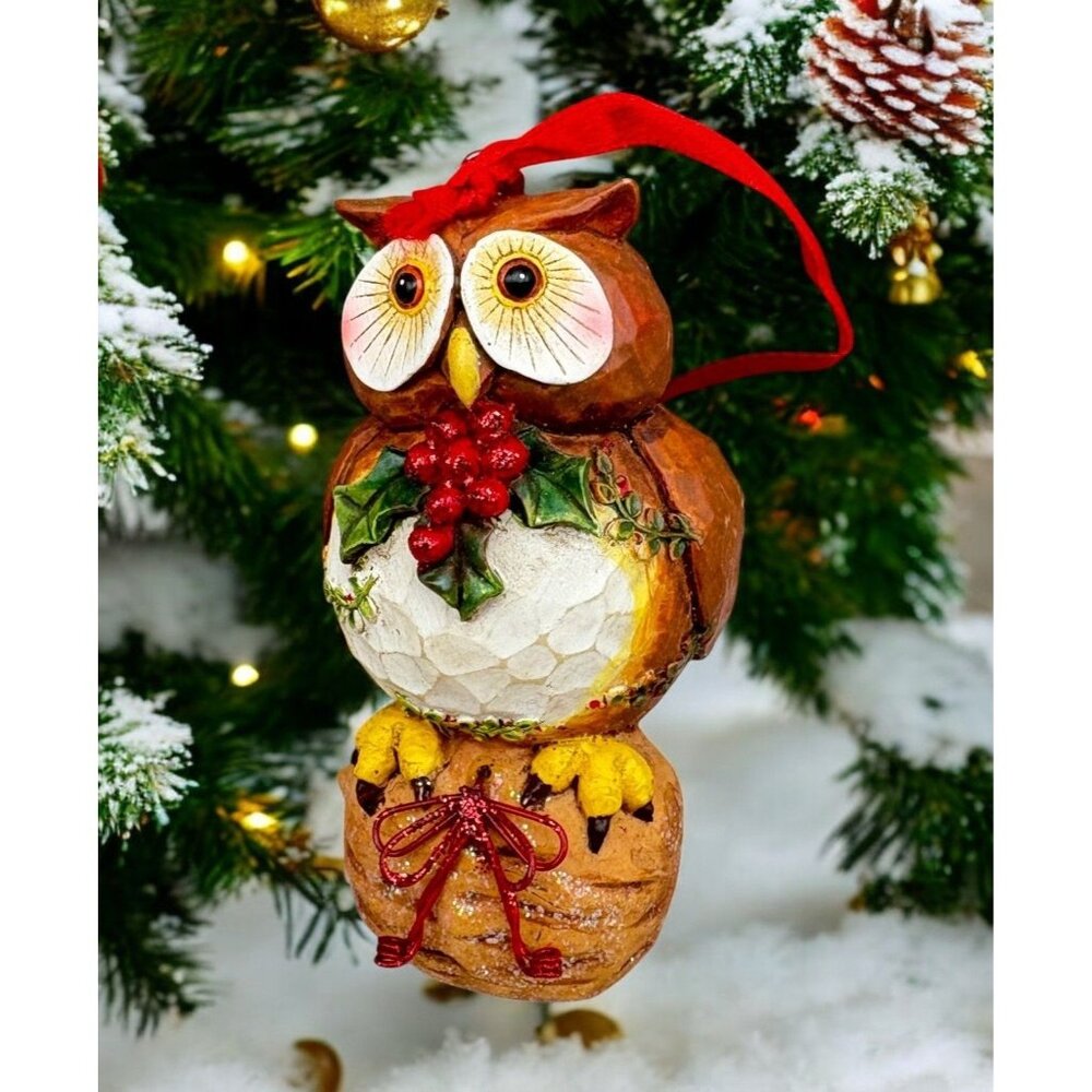 Vintage Owl on Walnut Christmas Tree Ornament Carved Style Big Eyes